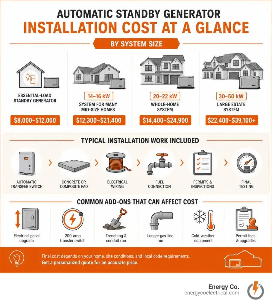 Automatic standby generator installation cost – Infographic showing standby generator cost by size, installation work, and common add-ons infographic