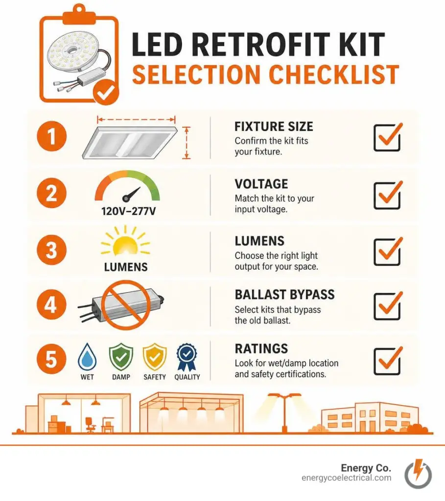 Led retrofit kit replacement – LED retrofit kit selection checklist: fixture size, voltage, lumens, ballast bypass, ratings infographic