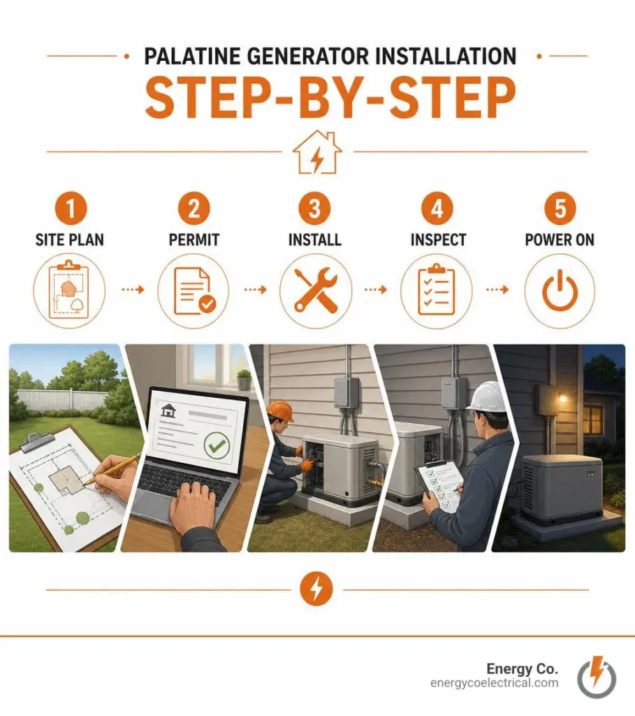 Generator installation Palatine – Palatine generator installation steps: site plan, permit, install, inspect, power on infographic