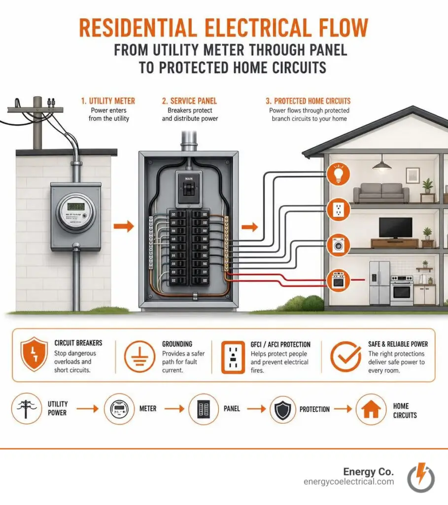 Residential electrical flow from utility meter through panel to protected home circuits infographic