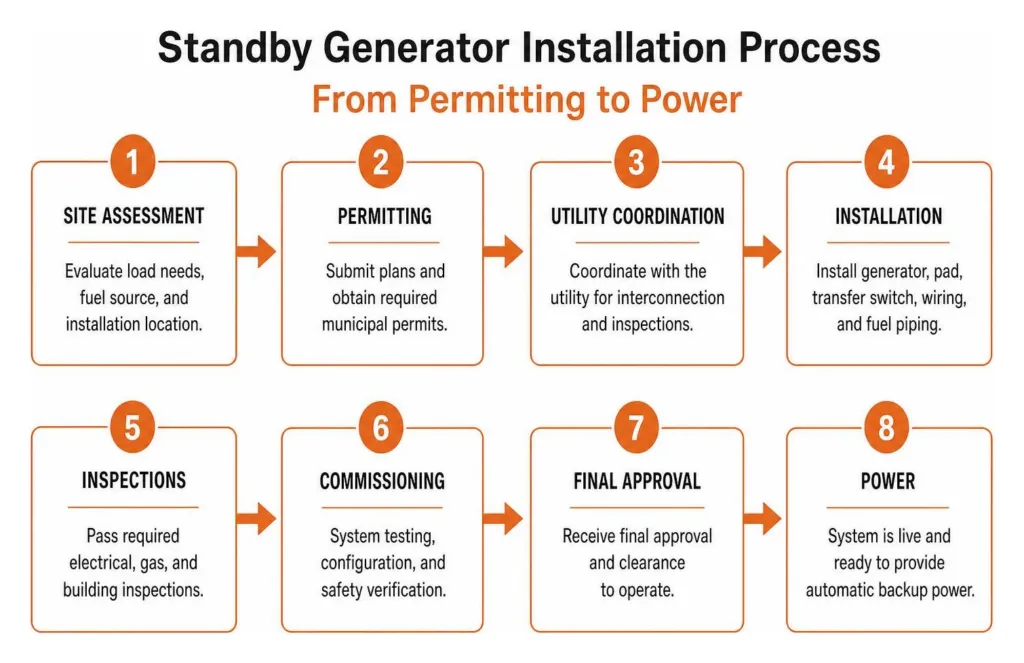 Standby generator installation process timeline and steps from permitting to power