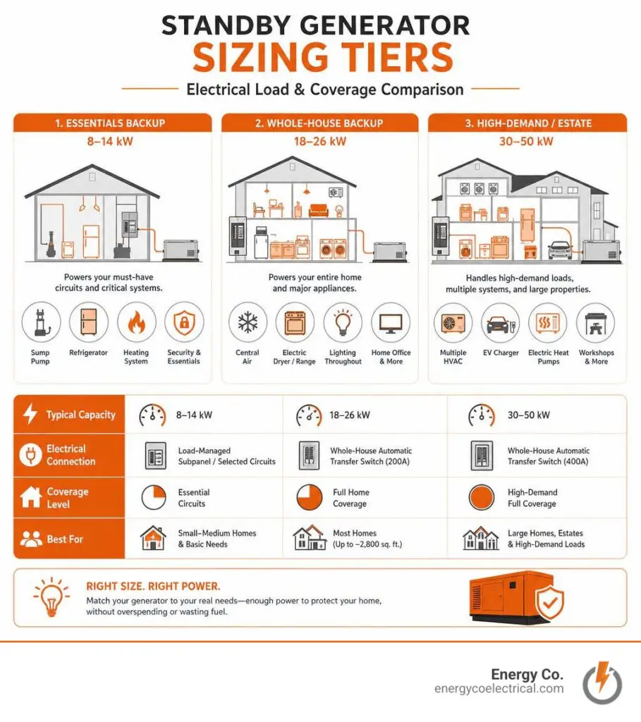 Standby generator sizing tiers and electrical load coverage comparison infographic
