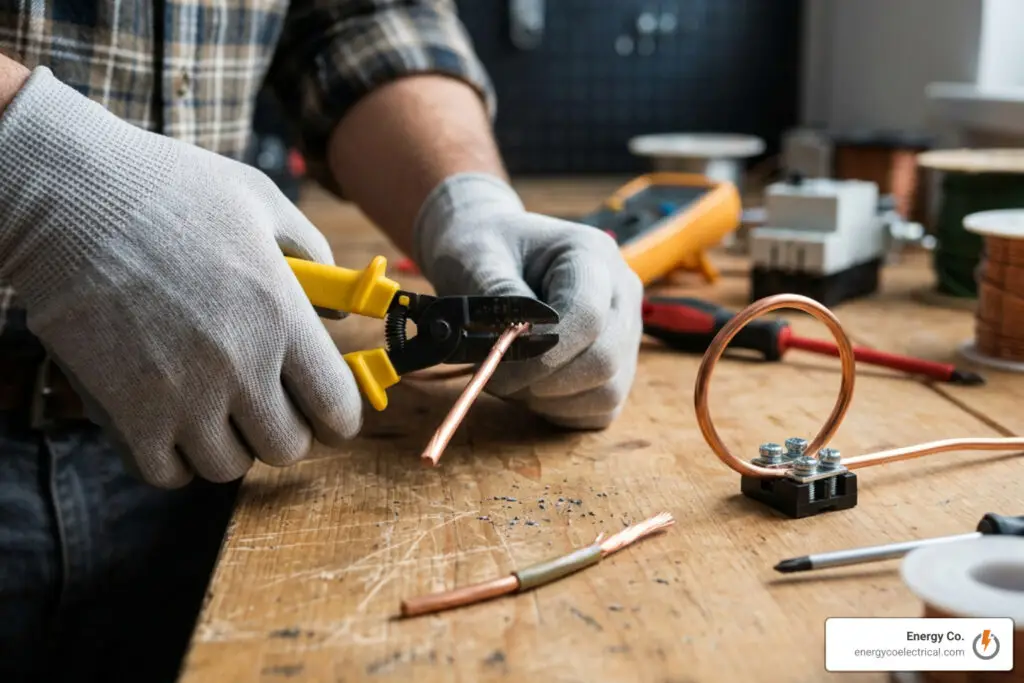 Step-by-step electrical wire skinning and splice preparation