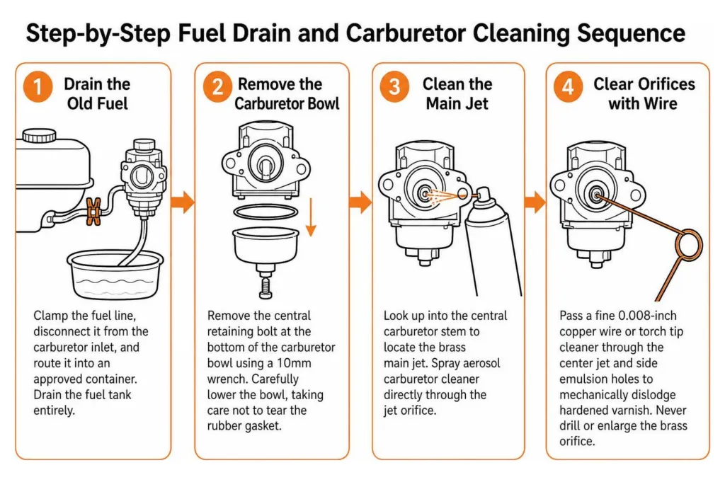 Step-by-step fuel drain and carburetor cleaning sequence