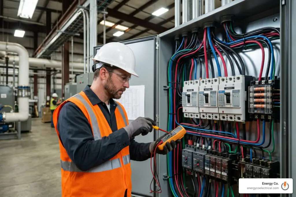 Technician inspecting three-phase electrical distribution panel