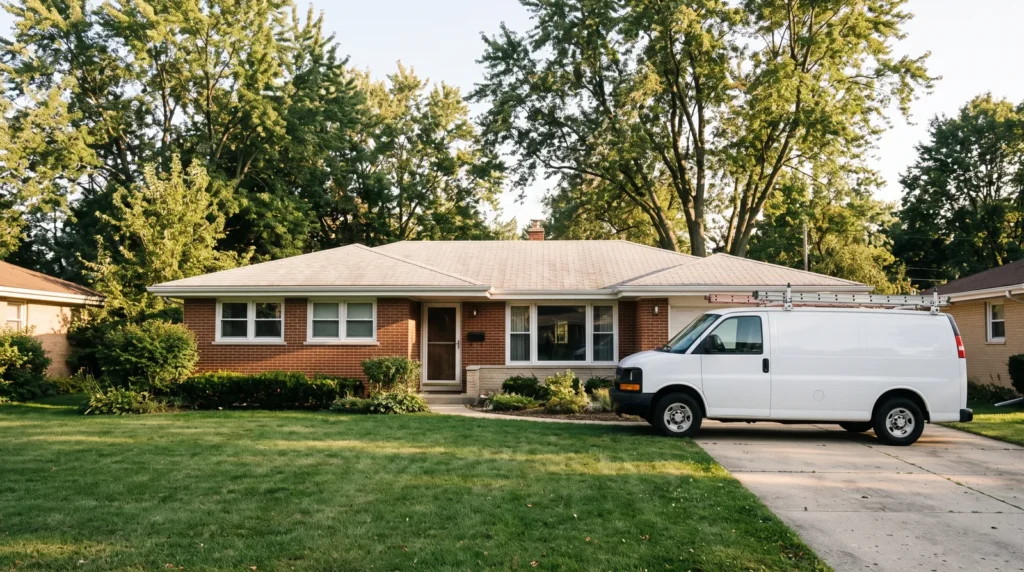 Electrician van outside a 1960s brick ranch home in Arlington Heights
