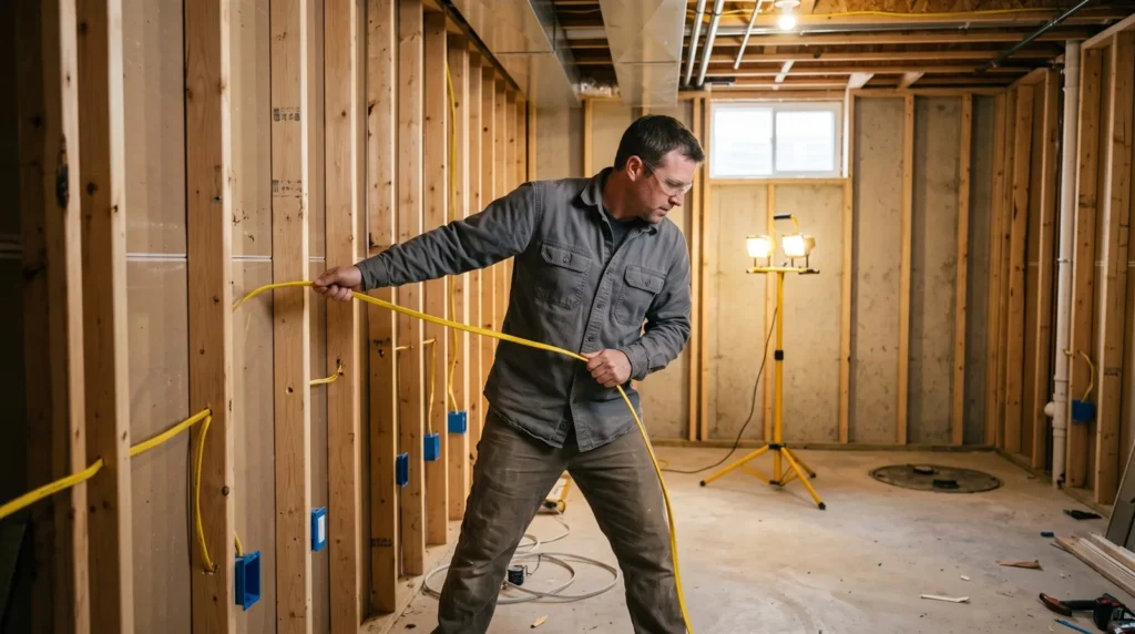 Electrician running new circuits through open wall studs in a Schaumburg basement