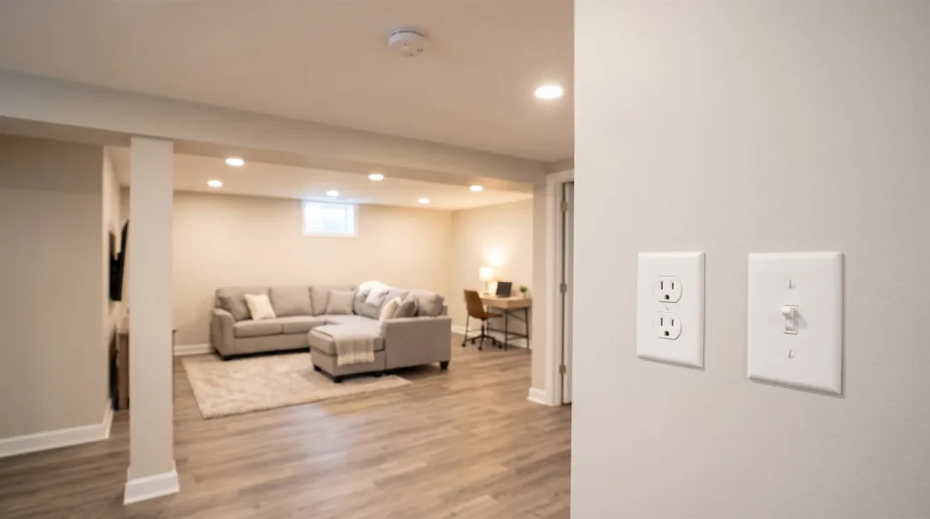 Finished Schaumburg basement with new outlets, recessed lights and a smoke alarm after basement and addition wiring