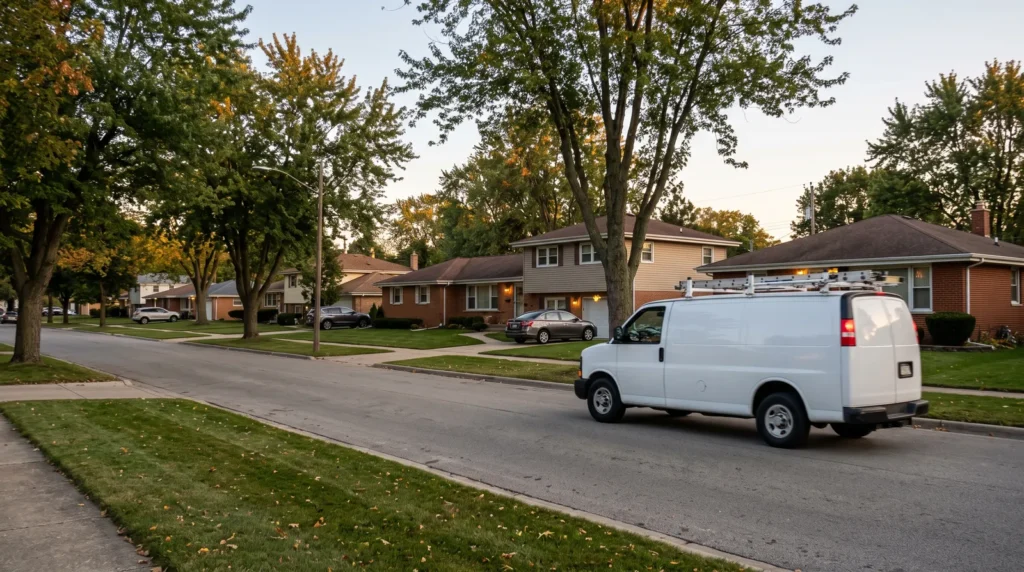 Electrician service van on a residential street in Hoffman Estates