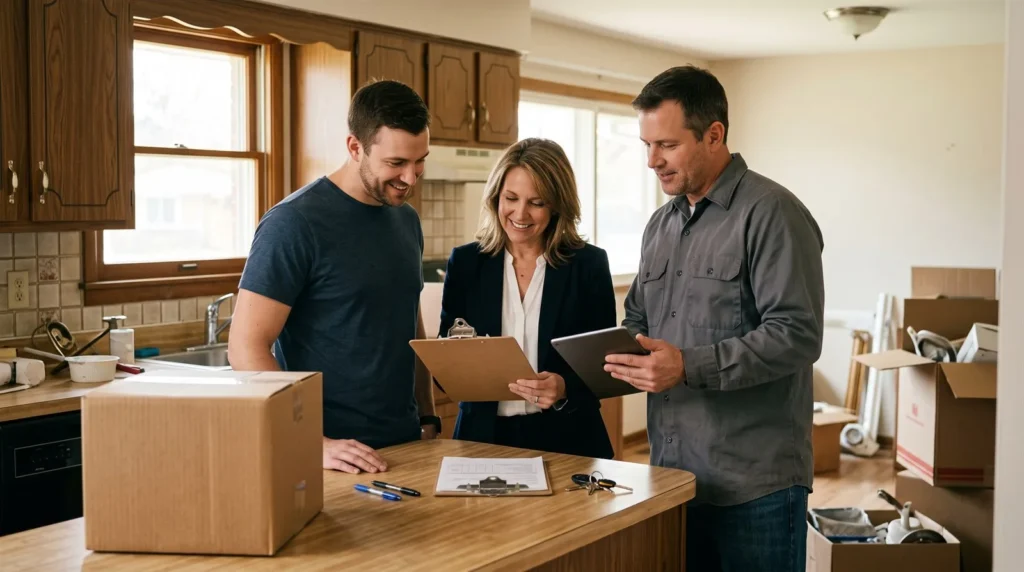 Buyers and their agent reviewing an electrical repair invoice before closing in Schaumburg