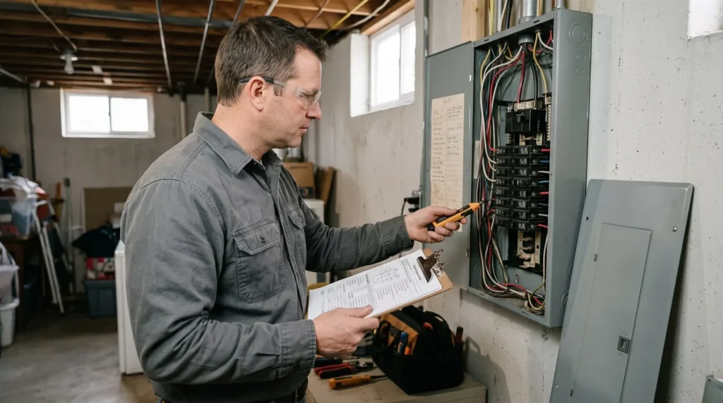 Home inspection electrical repairs in Schaumburg: electrician checking an inspection report at the breaker panel