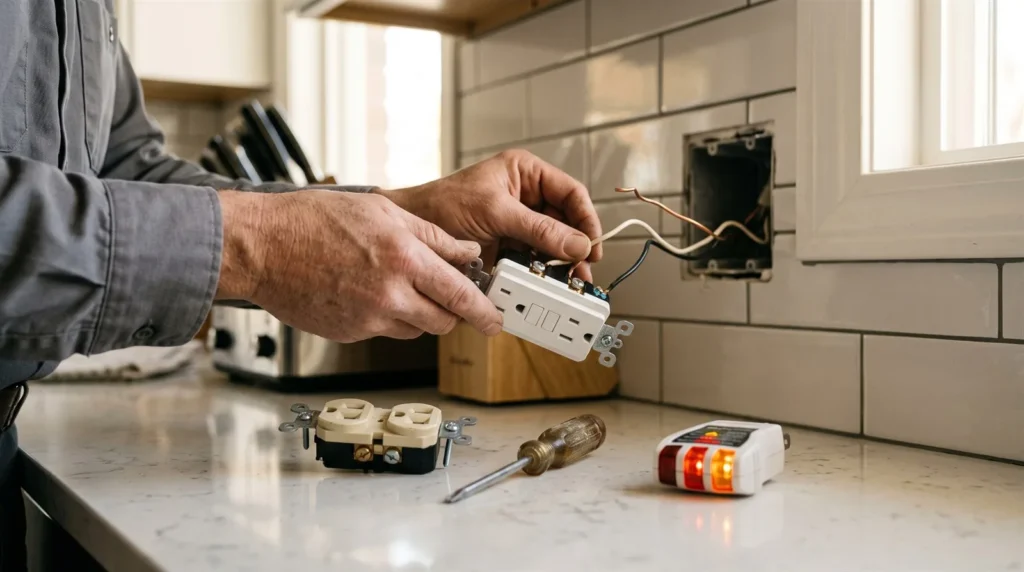 Electrician installing a GFCI outlet flagged in a home inspection report