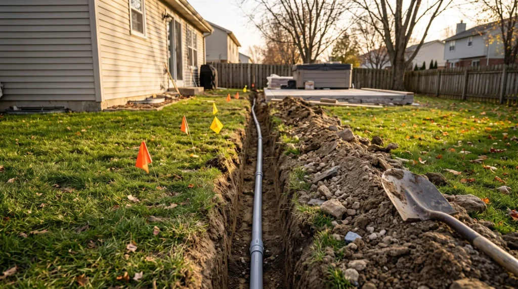 Buried conduit trench for a hot tub circuit in a Schaumburg backyard