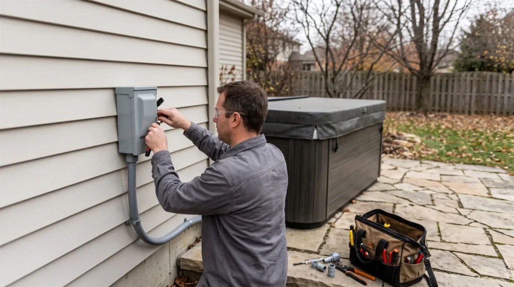 Hot tub and spa circuits in Schaumburg: electrician installing a GFCI spa disconnect near a backyard hot tub
