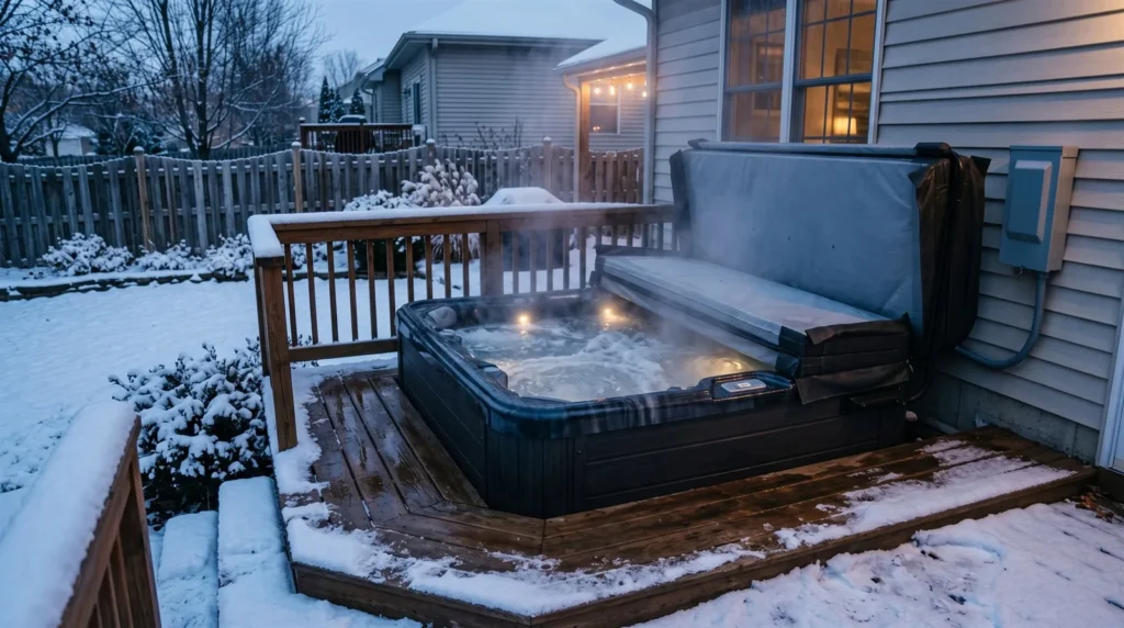 Backyard hot tub on a snowy Schaumburg deck with a weatherproof spa disconnect